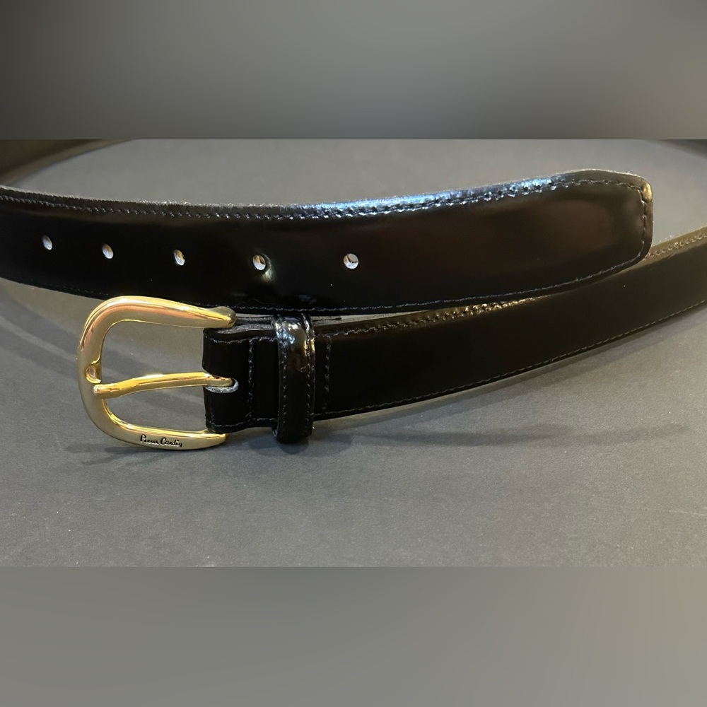 🌟HP🌟VTG 2000s Pierre Cardin Designer Black Leather Dress Belt Gold Buckle USA 39 - Picture 4 of 10